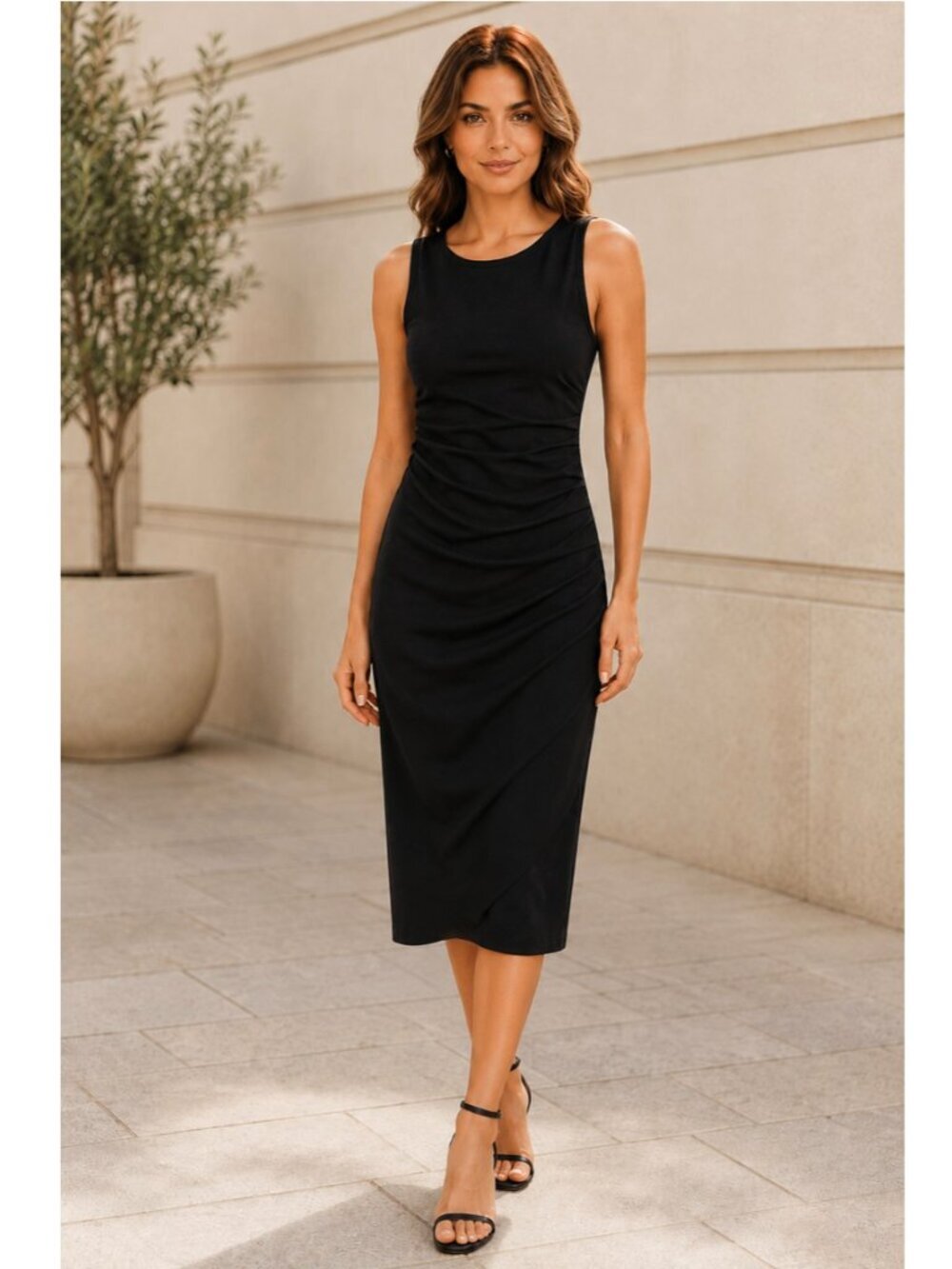 Black Dress Knit Midi Ruched Large